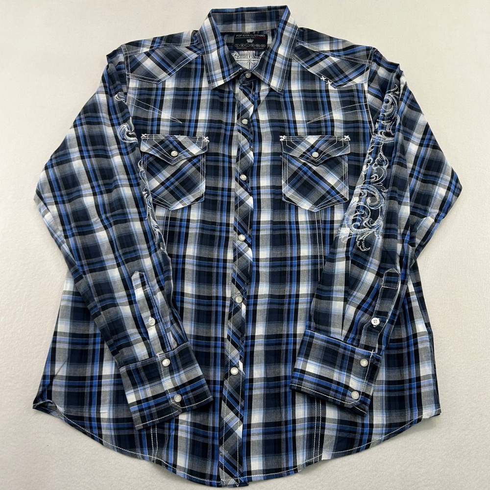 Pop Icon Clothing Buckle Mens Western Snap Shirt Blue Plaid‎ Cross Embroidered L